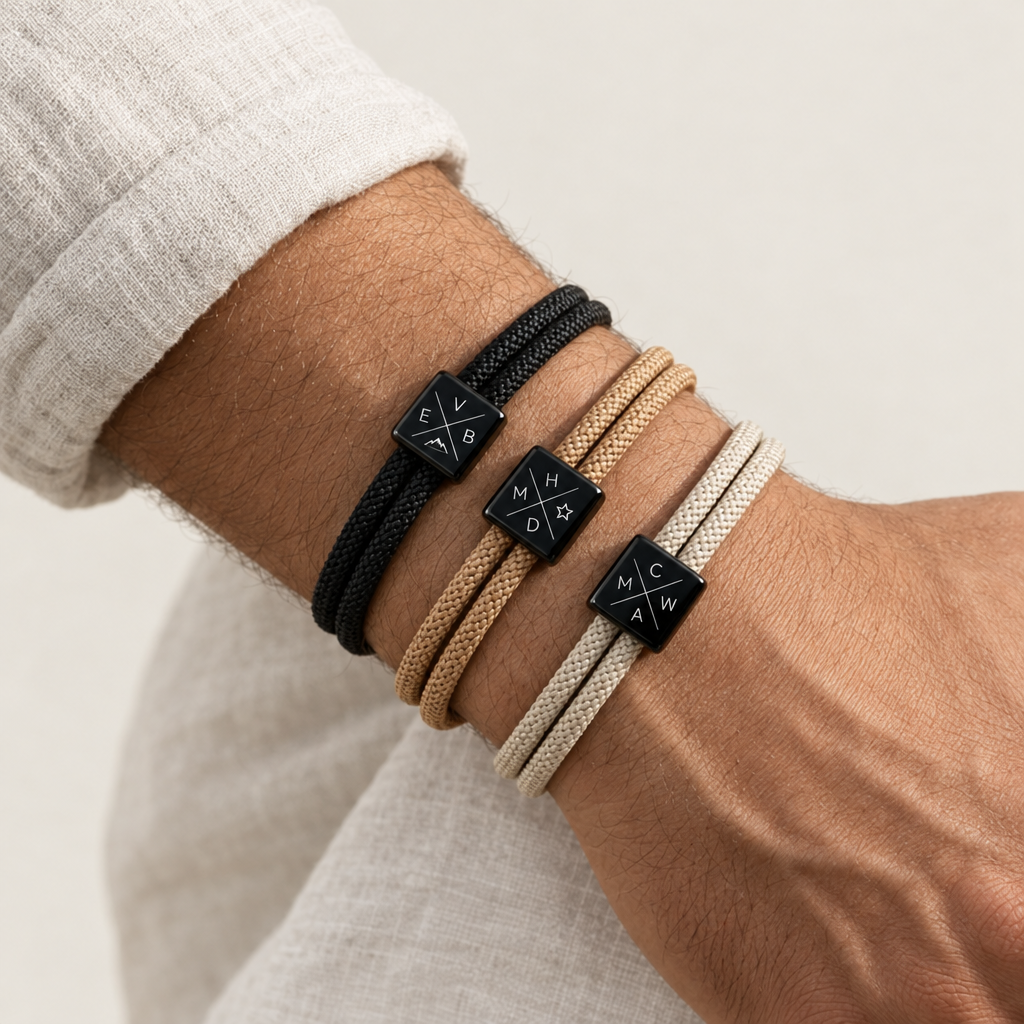 Tre bracciali con iniziali indossati al polso