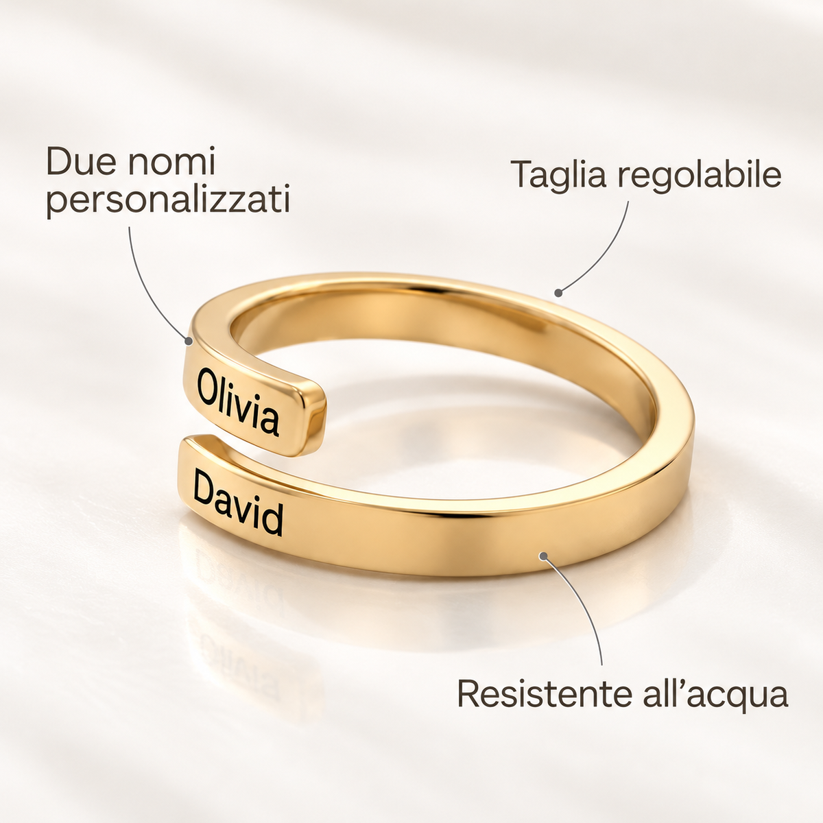 Due nomi personalizzati, taglia regolabile e resistenza all’acqua