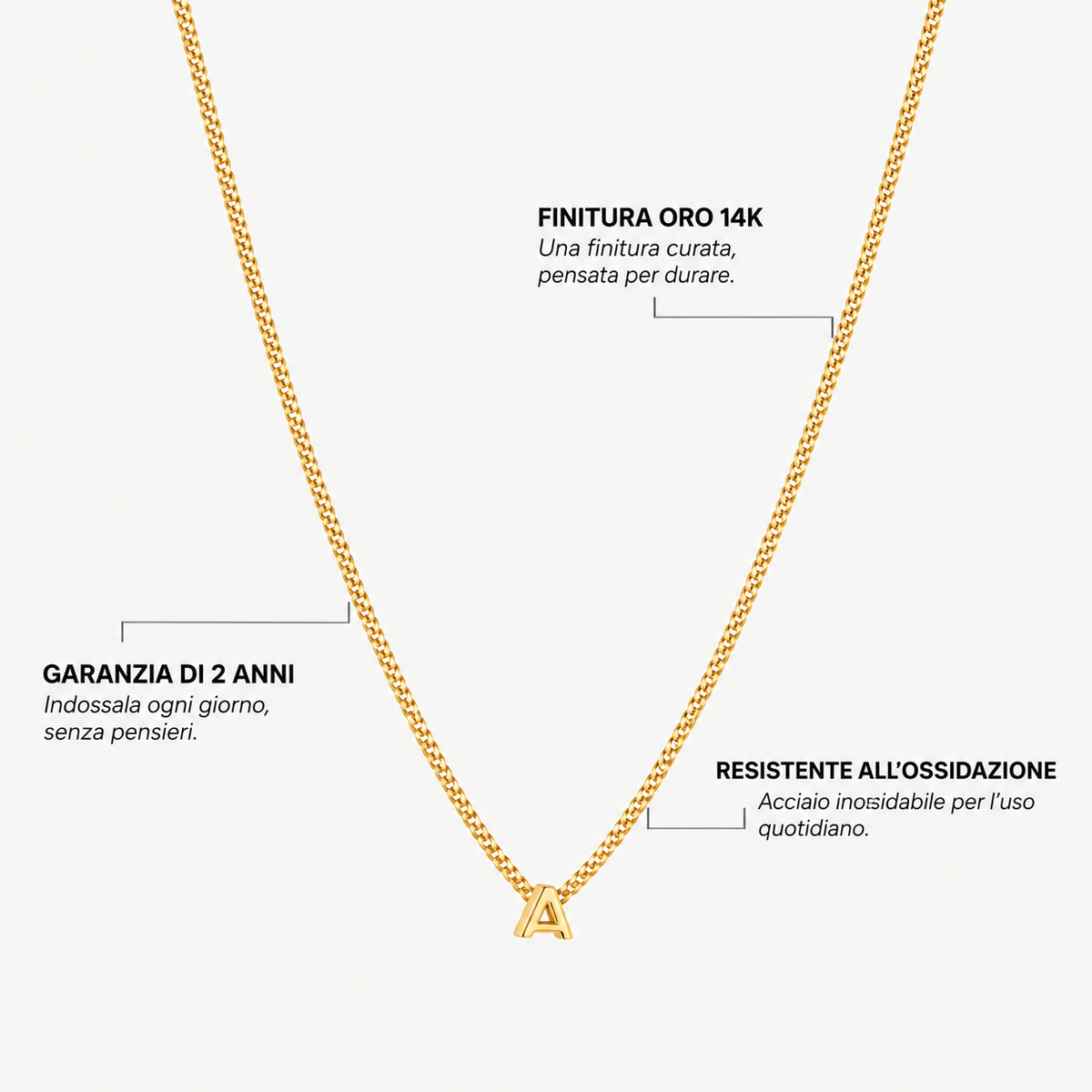 Finitura oro 14K, garanzia di 2 anni e materiali